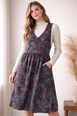 Women's Via Sant Andrea Floral V-Neck Sleeveless Dress Dark Green Burgundy