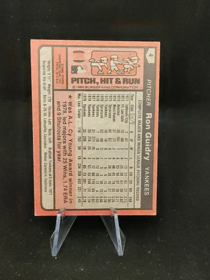 1980 Topps Burger King Pitch, Hit & Run #4 Ron Guidry New York Yankees - Image 2 of 2