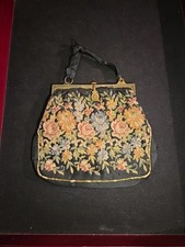 Vintage Brass Frame Needlepoint Tapestry Floral Handbag Bag Petit-point