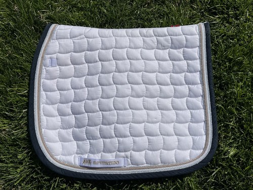 Gorgeous B Vertigo White Dressage Pad Size Small Full or Cob Gold Silver Navy