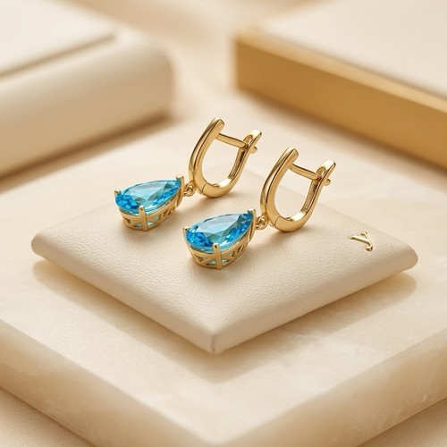 Elegant Handmade Swiss Blue Topaz Teardrop Earrings | 18K Gold Plated Silver - Picture 2 of 10