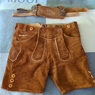 PAULGOS Herren Trachten Lederhose Wildleder braun Stickerei kurz Kniehose Gr. 50