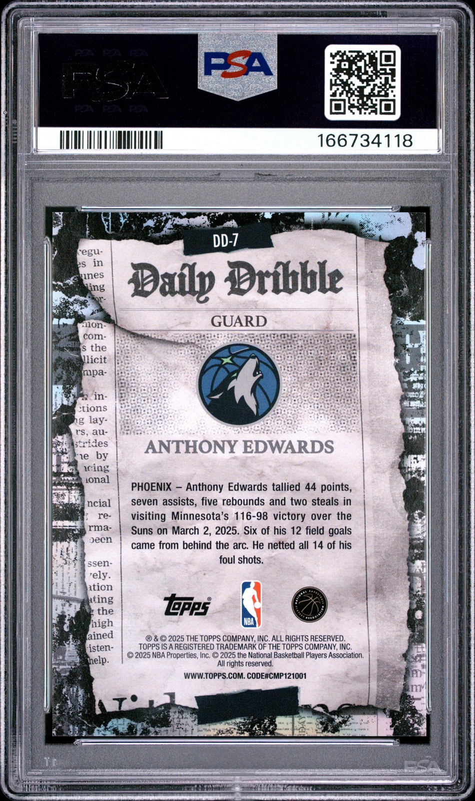 2025 TOPPS THE DAILY DRIBBLE ORANGE RAINBOW #DD-7 ANTHONY EDWARDS 10/25 PSA 10 view 2