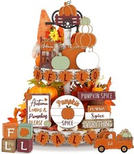 21pcs Fall Tiered Tray Decor Set, Hello Fall Thanksgiving Pumpkin Wooden Signs