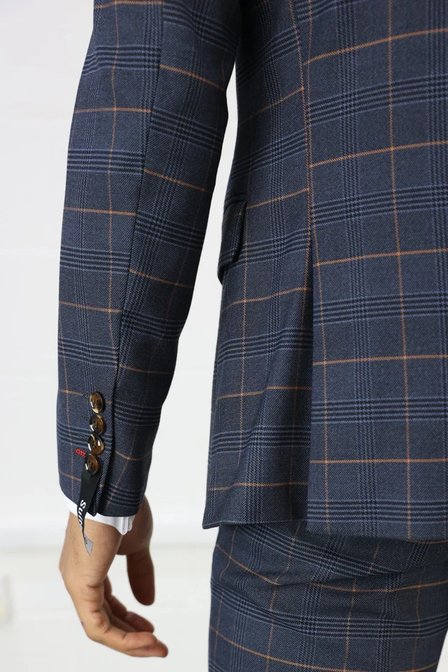 Marineblau karierter dreiteiliger Herrenanzug Übergröße Extra Large XL Big Tall - Bild 4 von 4