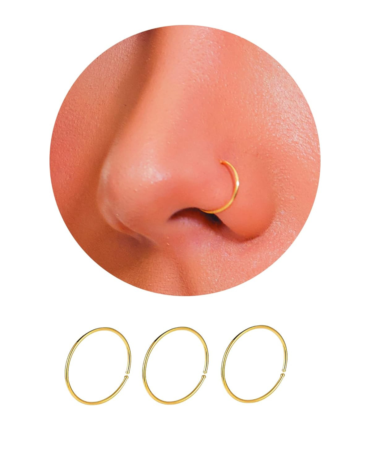 Aros nariz 14K oro 3 piezas 8mm 22G joyería delgada para perforación fosa nasal