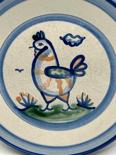 M.A. Hadley Stoneware Art Pottery Chicken Country Scene Blue Bread Butter Plate - Picture 3 of 7