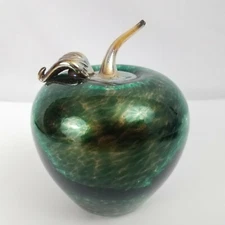 Green and Gold Large Glass Apple Paperweight, 4.75" Tall