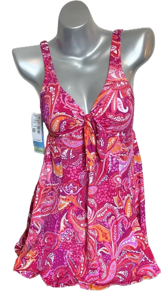 Traje de baño Swim Solutions vestido talla 10 rosa naranja cachemira lazo delantero para mujer NUEVO Foto 3 de 4
