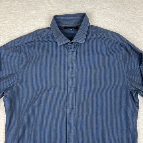 Vince Camuto Shirt Mens Large Blue Striped Button Up Long Sleeve Hidden Buttons - Picture 2 of 15