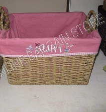 Natural Embroidered Toy STUFF Bathroom Storage Organizer Basket Pink Liner 15x12