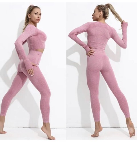Yoga set size Small seamless new Pink 2 pieces crop top high Waisted leggings - Picture 4 of 7