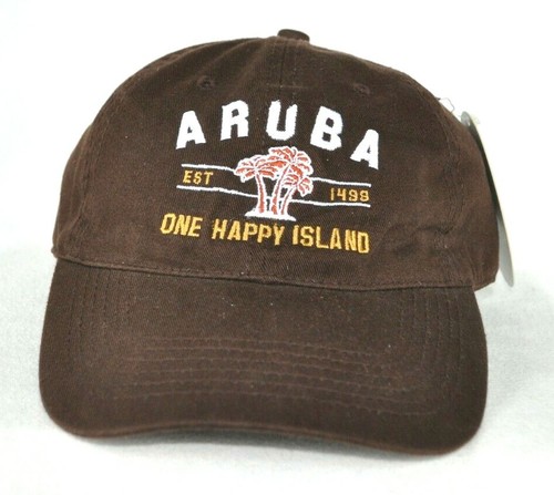 ARUBA One Happy Island Est 1499 Black on Red Hat Cap Strap Buckle