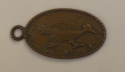 Vtg Signed Bell Trading Co Solid Copper Road Runner & Desert Scenery Key FOB