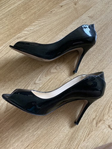 MAX MARA Black Piping Open Toe Heels Patent Shoes Size 39.5 6.5 - Picture 2 of 6