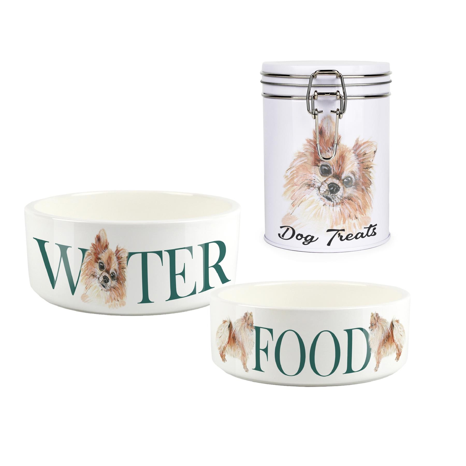 Pomeranian Pet Bowls & Treat Canister Set - Food/Water Gifts for Dog Owners