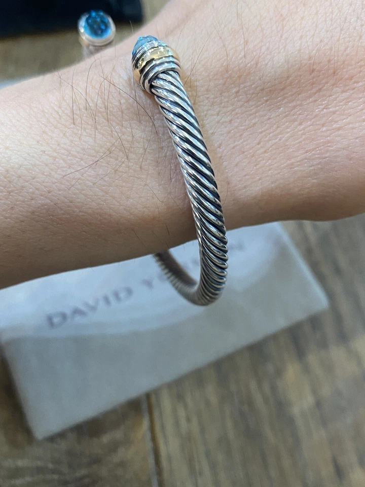 二手 David Yurman 纯银蓝色 TOPAZ & 14K 金色 5 毫米 CUFF 小号 — 第 3/4 张图片