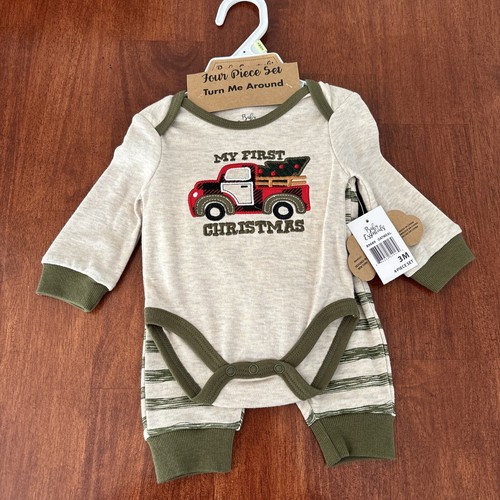 Baby Essentials “My First Christmas” 4pc Vintage Truck Outfit hat socks
