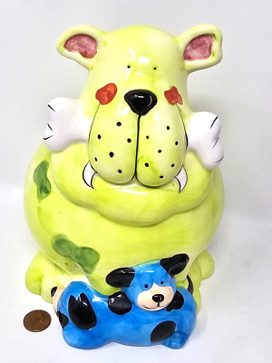 Whimsical Dog Puppy Ceramic Piggy Bank Save Coins Blue Lime 8'' RAYWARE HTF VTG