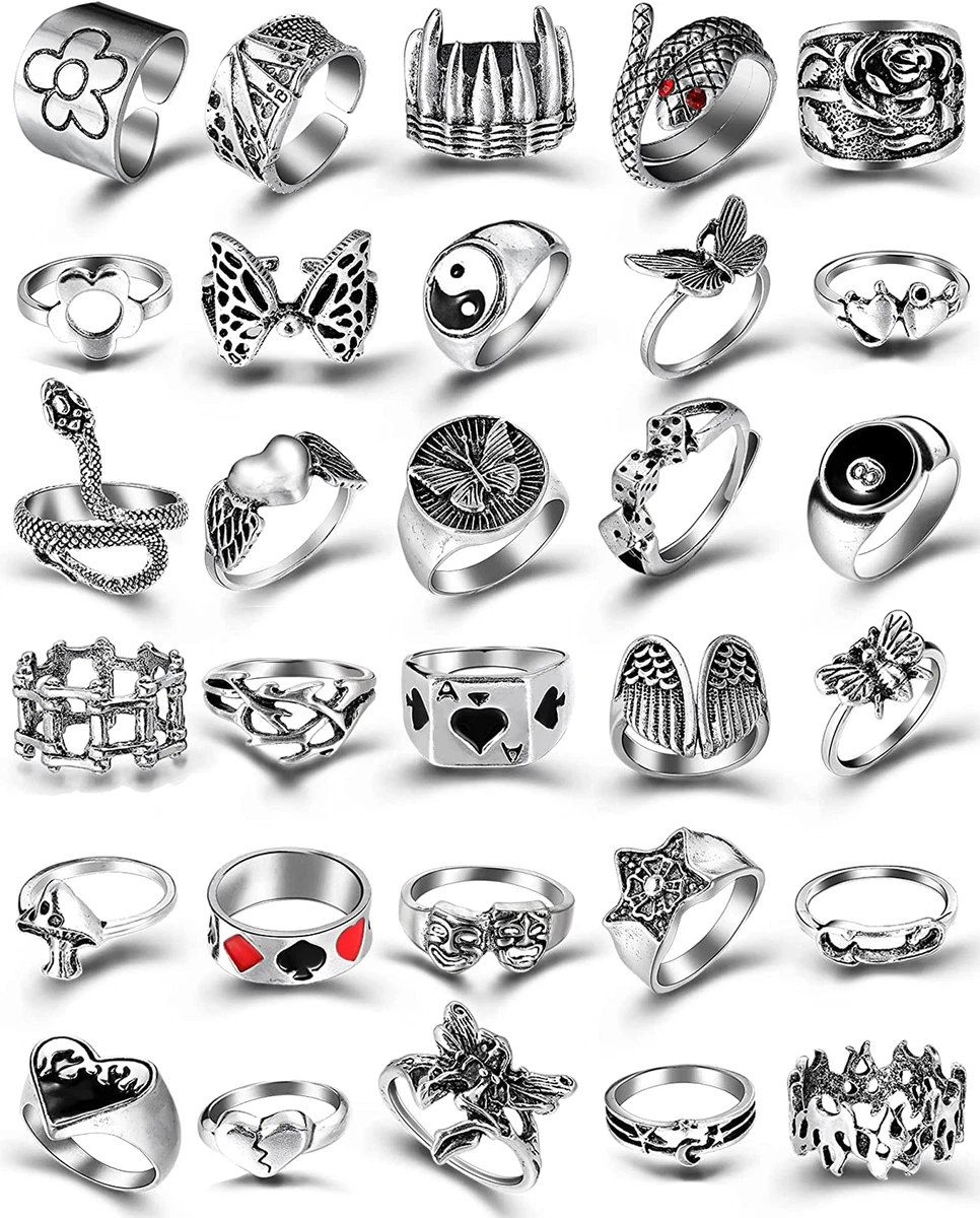 Silver Goth Punk Rings Set for Men Girls Women 31PCS Cool Gothic