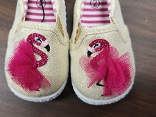 NWT Wonder Nation Girls Slip On Gold Pink Flamingo Size 2 Canvas Shoes