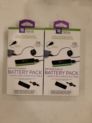 2-Pack ReTrak Black 2,000 mAh Portable Battery Pack Micro USB Charge/Sync Cable 