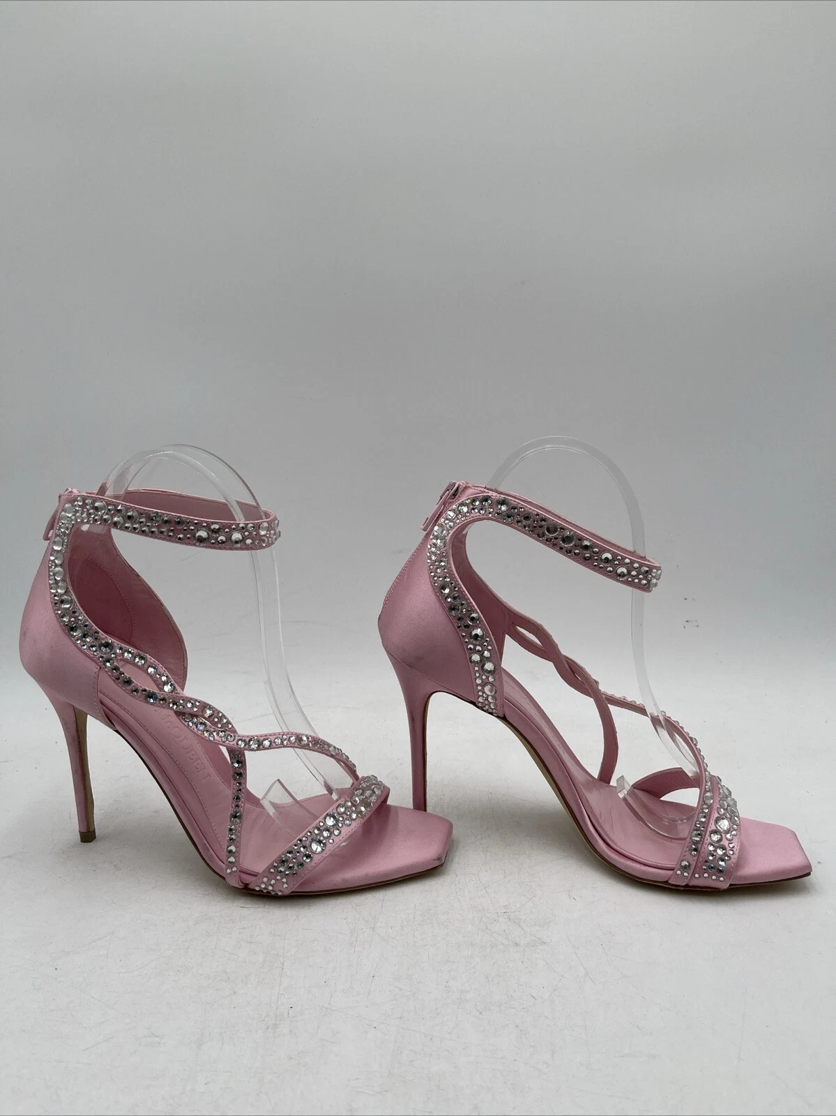 Sandali donna Alexander Mcqueen in raso impreziositi da cristalli tacco alto rosa taglia 38