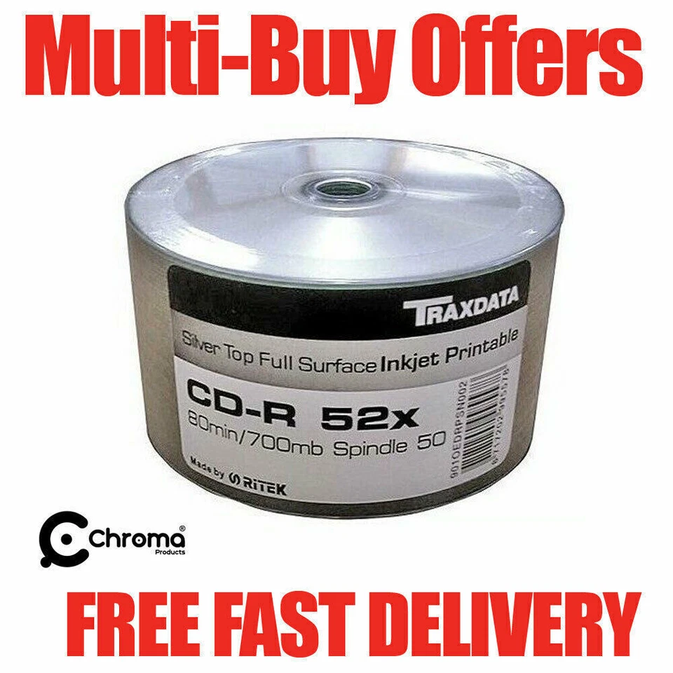 50 Traxdata Silver Inkjet Full Face Printable Blank CD-R 80 mins/700mb 52x RITEK