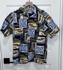 VTG Hilo Hattie Hawaiian Canoe Floral Volcano Island Print Shirt Small S Aloha