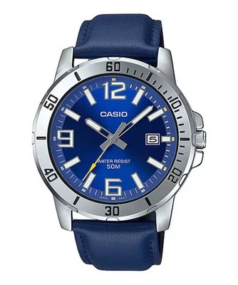 Casio Men s Blue Leather Strap Watch with Blue Dial - MTP-VD01L-2BV