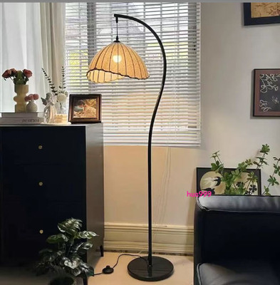Vintage Curved Arch Floor Lamp Wicker Drum Shade Living Room Lounge Light Fixtur