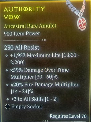 Diablo 4   Lord Of Hatred S13. +2 All Skills Amulet! Fire/burn Build DOT