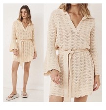 SPELL Road To Paradise Crochet Knit Mini Dress (Sz XS) Long Sleeve Belted Wheat