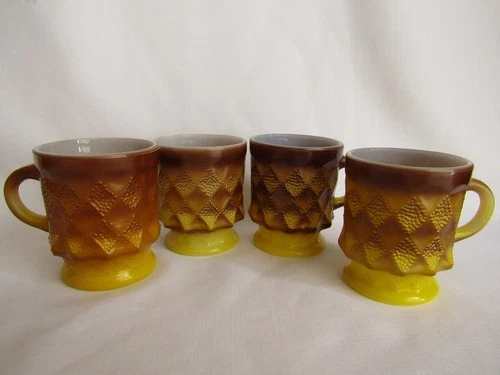 Set of 4 Vintage Anchor Hocking Fire King Yellow Brown Kimberly Diamond Mugs