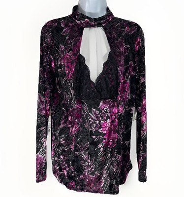VENUS Velvet Burnout Floral Cutout Mock Neck Top Black Purple Sz L Dark Romantic