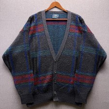 Vtg Jantzen Striped Cardigan Sweater Mens L Gray Button Up Plaid USA Made
