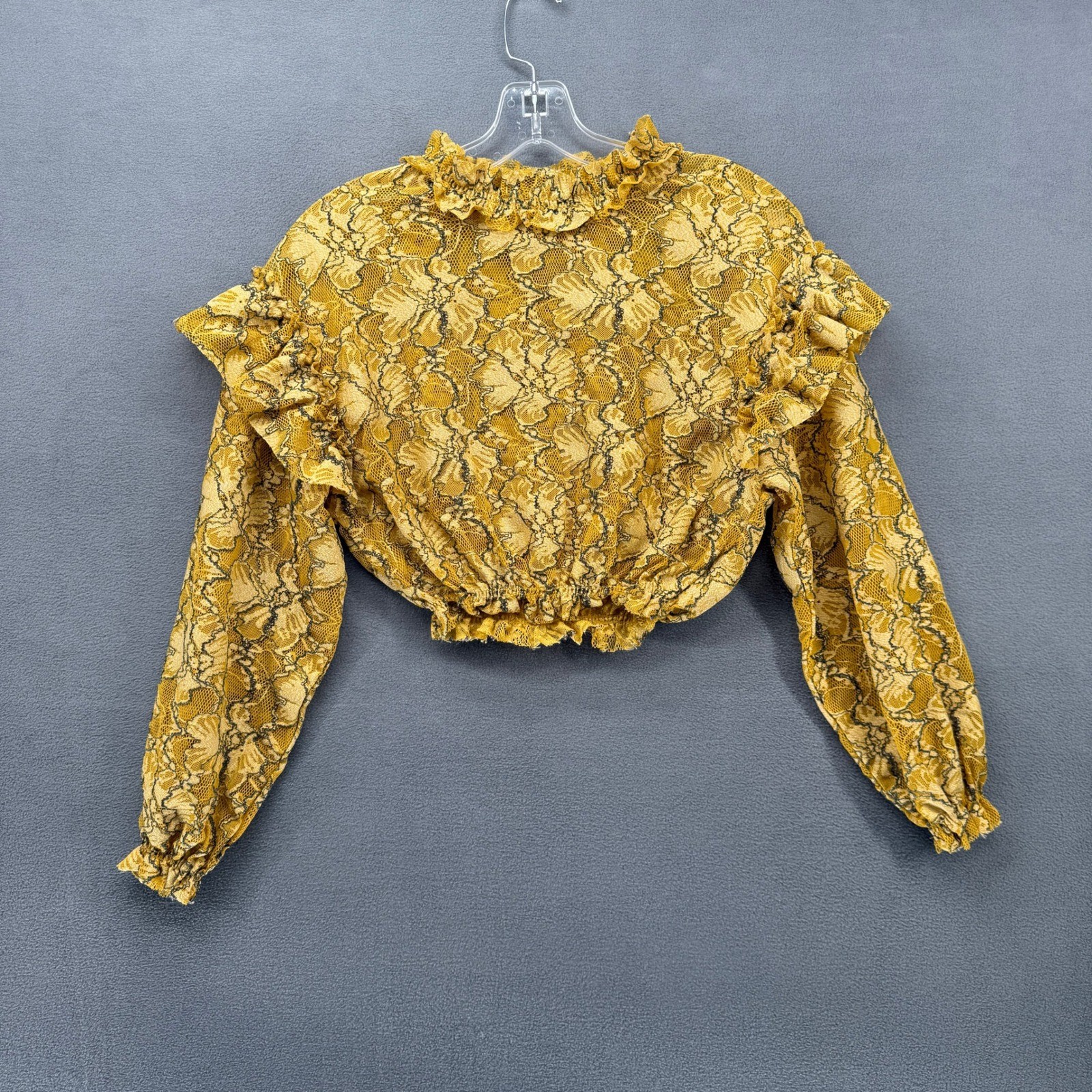 Zara Top Woman Sheer Mustard Yellow Floral Lace Ruffle Mock Neck Crop Small