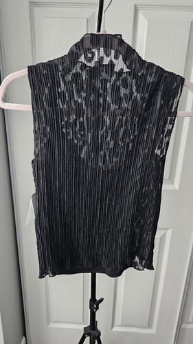 DKNY Damen schwarz Stehkragen Plissee Bluse gerafft ärmellos transparent Größe Small - Bild 3 von 7