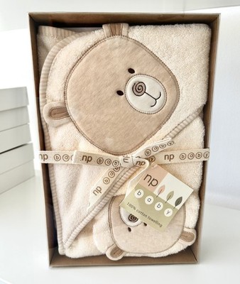 Natures Purest 100 % Baumwolle Hug Me Bear Baby Kuschel Morgenmantel & Waschhandschuh Geschenkset Neu