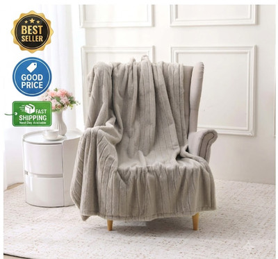 Beige Stripe Faux Fur Throw Blanket 50x60 Soft Cozy Blanket for Adults