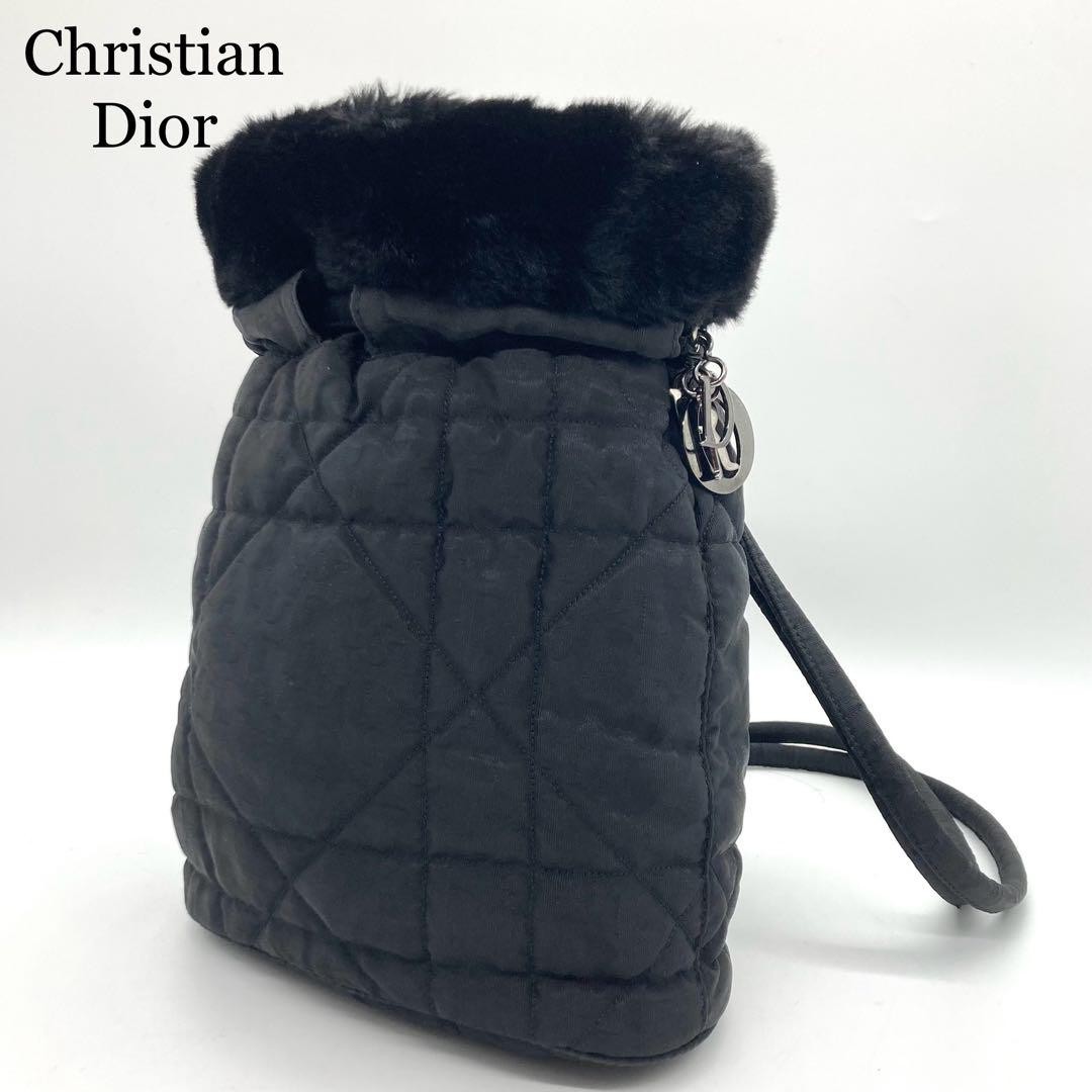 Dior Cannage Drawstring Fur Backpack Black Japan Import
