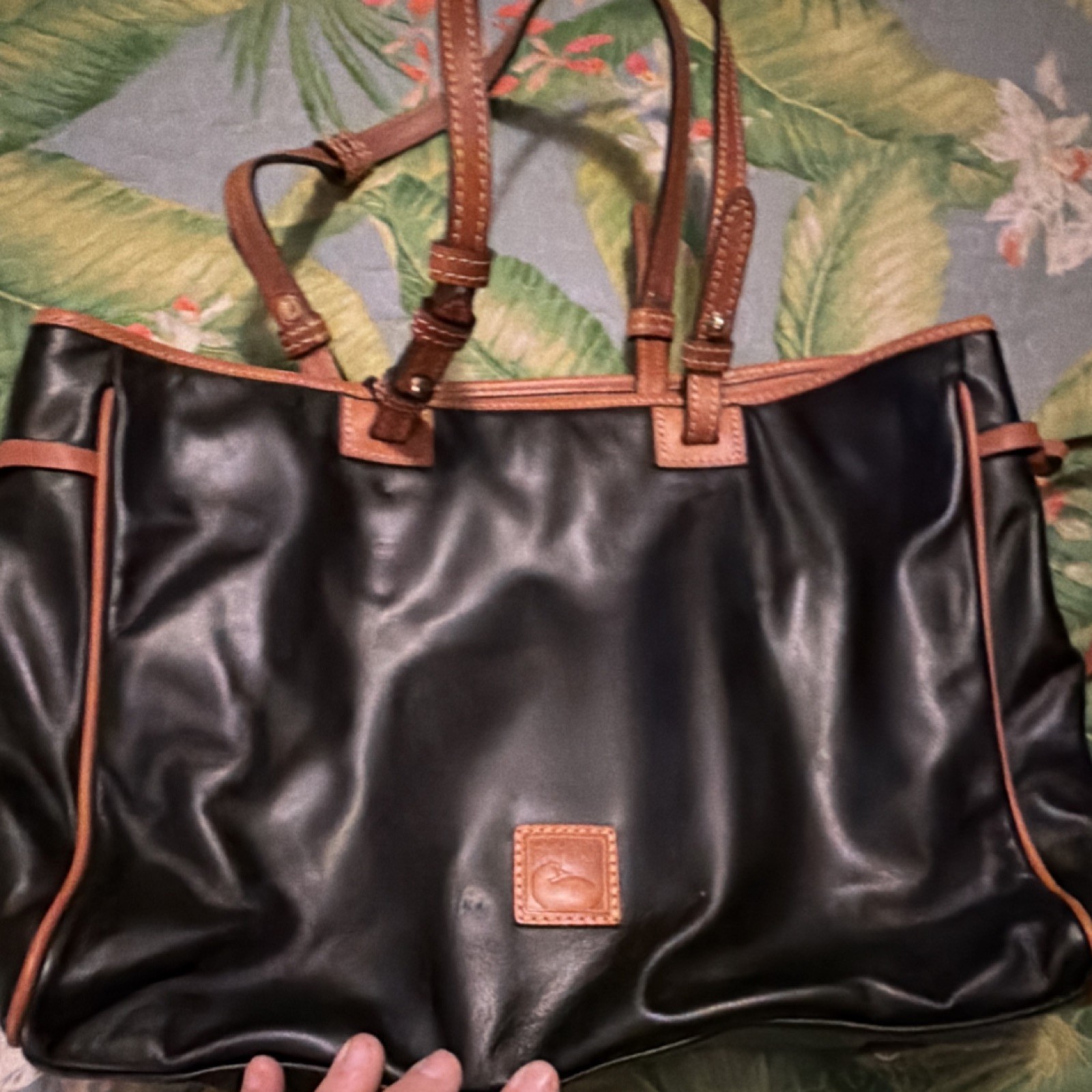 Dooney & Bourke Colette Black Shoulder Bag Gold Hardware Logo  Brown Strap