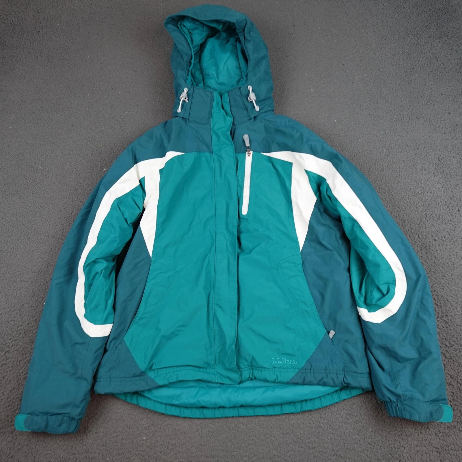 LL Bean Ski Jacket Womens Medium Green Colorblock Hooded Insulated Snow Winter