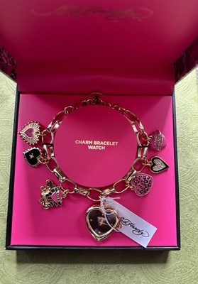 Ed Hardy Y2K Charm Bracelet Watch Heart Gold Tone Working New in Box