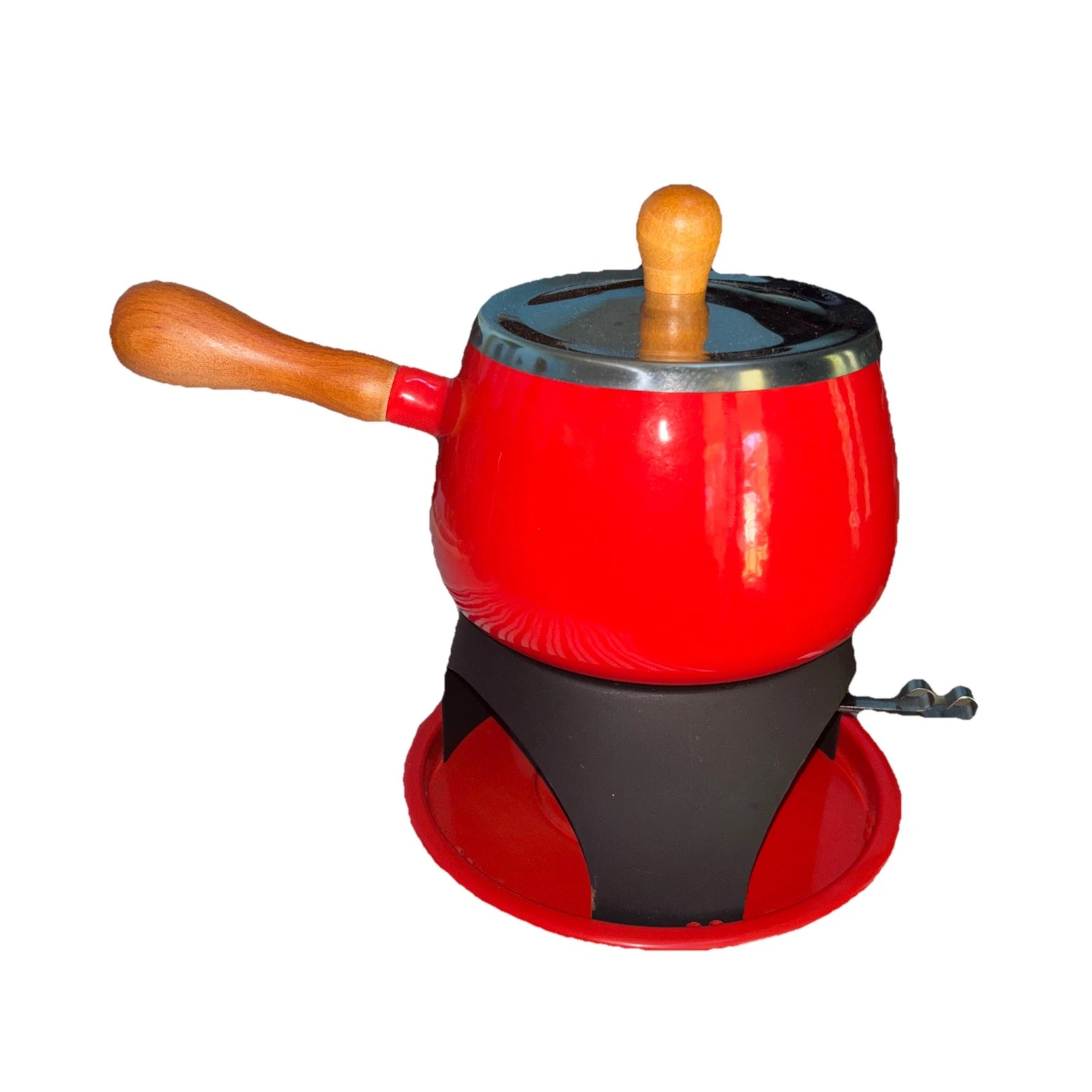 Vintage Fondue Set Metal Enamel Wood Handle Mid- century Red Cookware