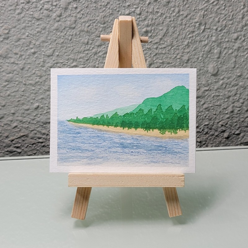 ACEO Original Watercolor Painting Mountain Lake & Beach Signed KatieBearDesigns