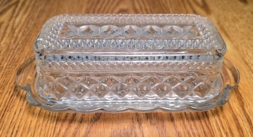 Vintage Anchor Hocking Wexford Clear Diamond Glass Covered Butter Dish MCM
