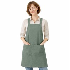 Women Cotton Linen Apron Pocket Japanese Cross Back Plus Size Cooking Garden