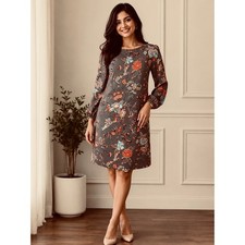 LOFT Floral Shift Dress Gray Long Sleeve Size 8 Women’s Boho Career Casual