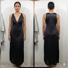 Vintage Nightgown Vanity Fair Silky Maxi Black Nylon Lace Trim Slip Womens 36